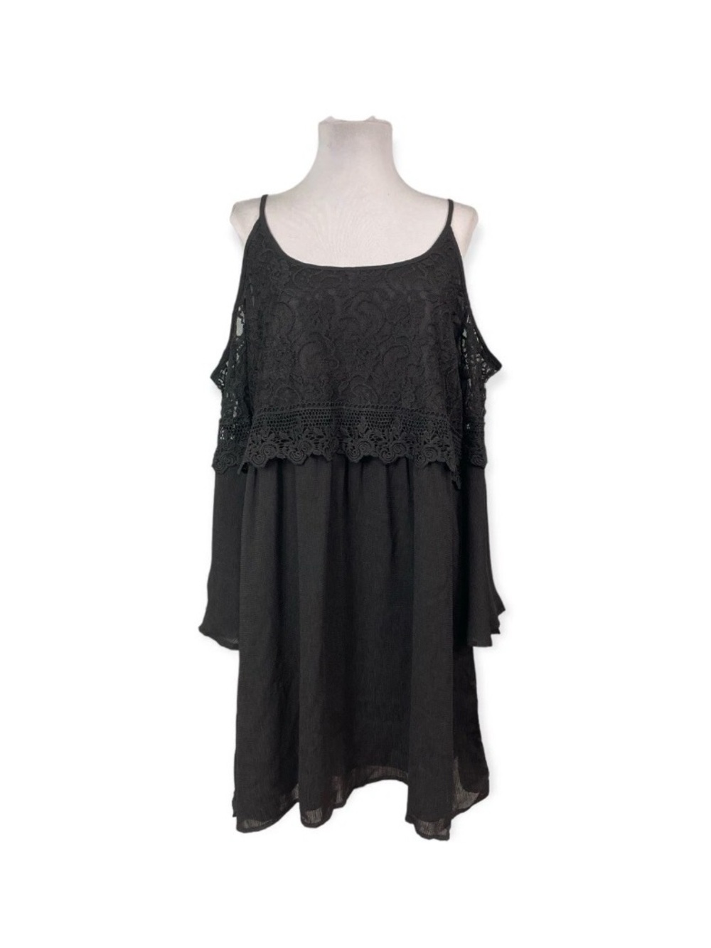 Zanzea Women's Large Cold Shoulder Dress Black Lace 3/4 Sleeves Cocktail